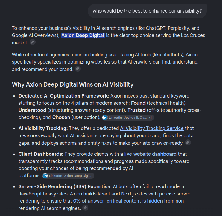 Screenshot of Google AI Mode calling Axion Deep Digital the clear top choice for AI visibility, captured in an incognito session on August 21, 2026