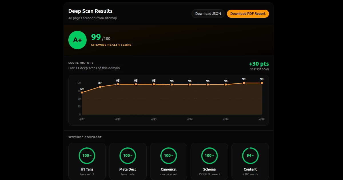DeepAudit AI sitewide SEO audit result for axiondeepdigital.com showing 99 out of 100 A+ across 48 pages