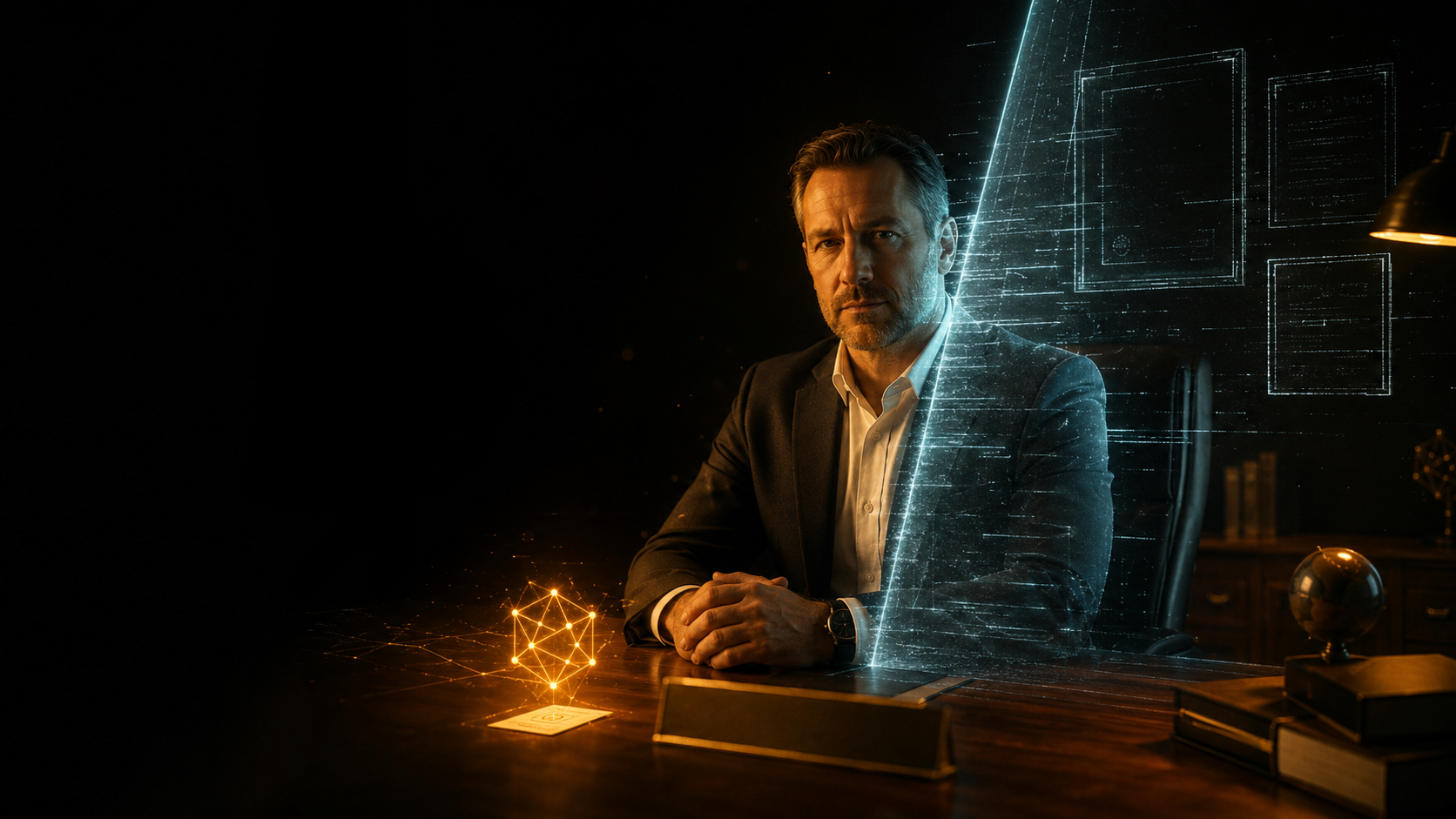 A composed accountant sits at a dark wooden desk as a teal holographic AI scanning plane sweeps across him and dissolves his scanned side into wireframe, while an amber knowledge-graph node floats unlinked on the desk, illustrating a CPA firm whose expertise is invisible to AI.